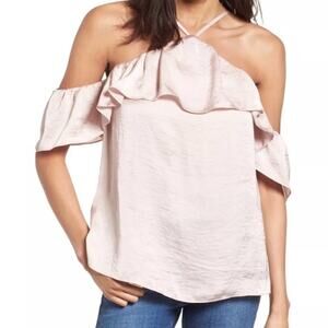 Ten Sixty Sherman Blush Pink Satin Cold Shoulder Ruffle Trim Flounce Blouse Top
